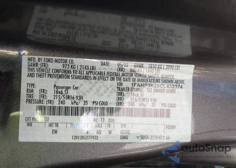 2012 Ford Focus Se из США, поврежденный, VIN 1FAHP3K28CL432374